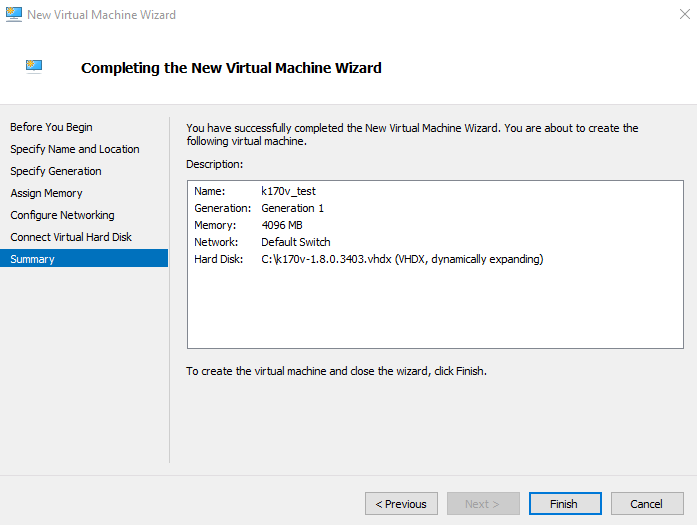 Completing the New Virtual Machine Wizard