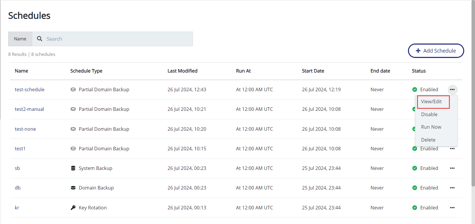 View Backup Schedule