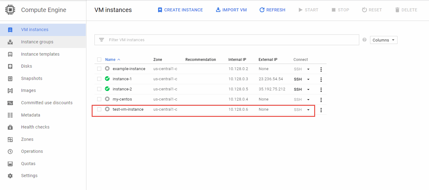 Status of VM Instance on Chrome 