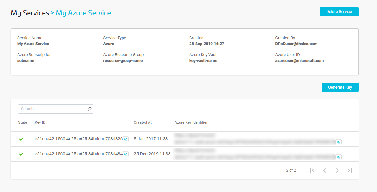 The Azure Service Details Table. It contains two example keys.