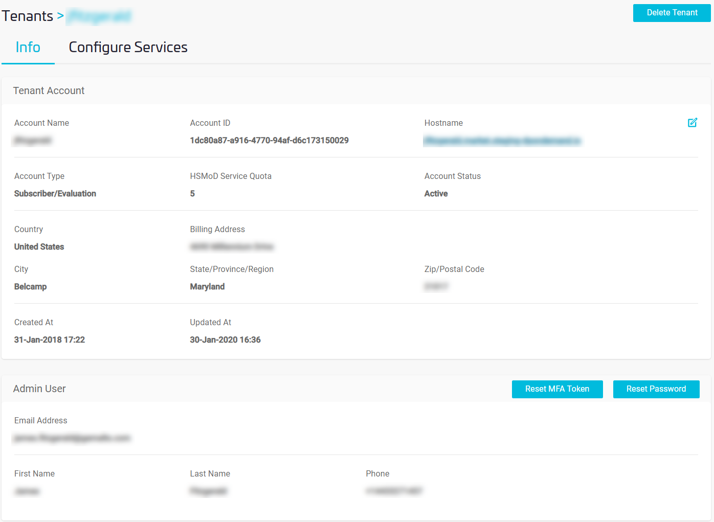 Screenshot of the Tenant Details Page in a DPoD platform service provider tenant.
