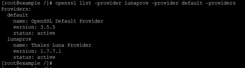 openssl list Output Showing the LunaProv and Default Providers alt text