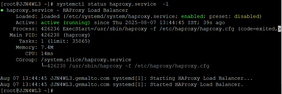 systemctl status Output Showing HAProxy Running alt text