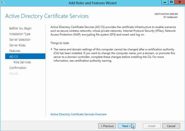 Click Next on the Active Directory Certificate Services page alt text