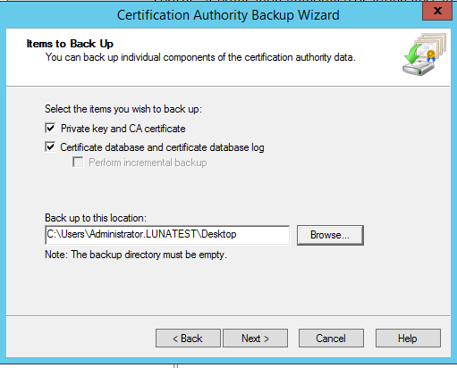 Select the items to back up and the backup location alt text