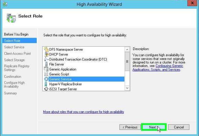 Select Generic Service on the Select Role page alt text