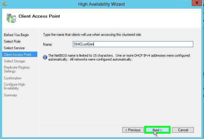 Type the client access point name alt text