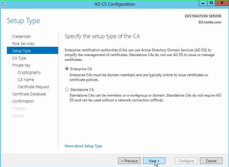 Select Enterprise CA on the Setup Type page alt text