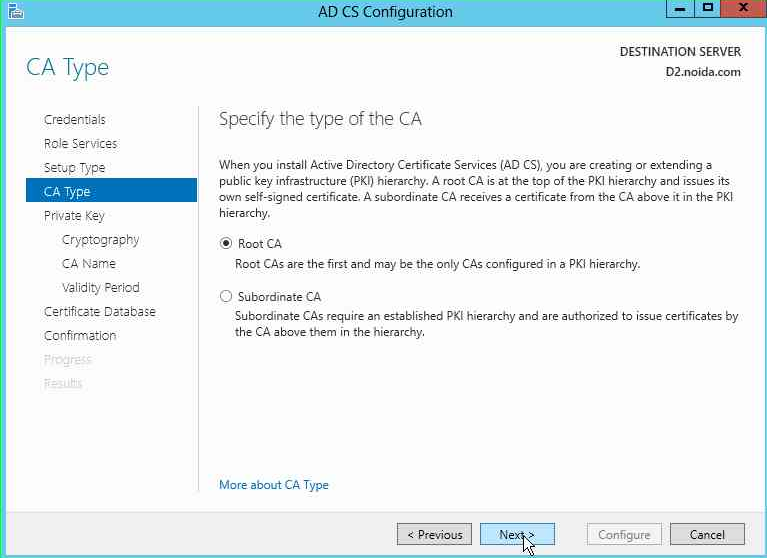 Select Root CA on the CA Type page alt text