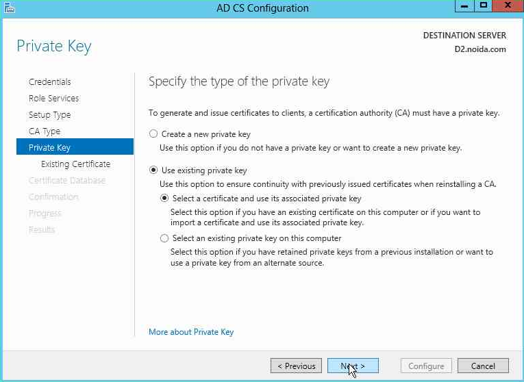 Select Use existing private key alt text