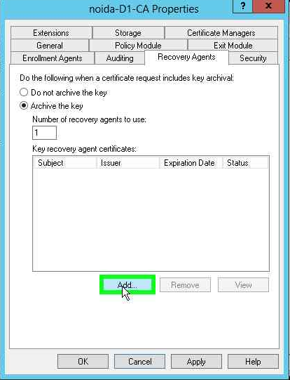 Click Add on the Recovery Agents tab alt text