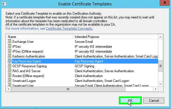 Select the Key Recovery Agent template alt text