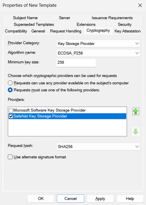 Select the SafeNet Key Storage Provider and the request hash alt text