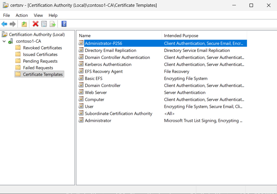 Verify that the template is listed under Certificate Templates alt text