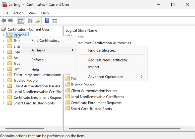 Click Request New Certificate on the All Tasks menu alt text
