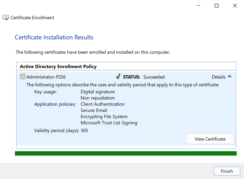 Verify that the certificate was enrolled successfully alt text