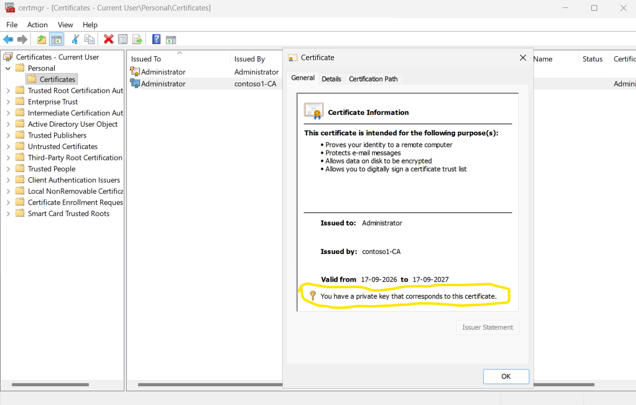 The certificate issued by the CA is listed alt text
