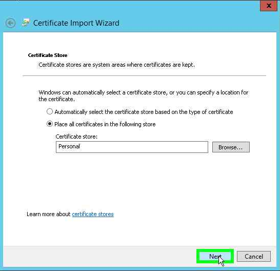 Select Place all certificates in the following store alt text