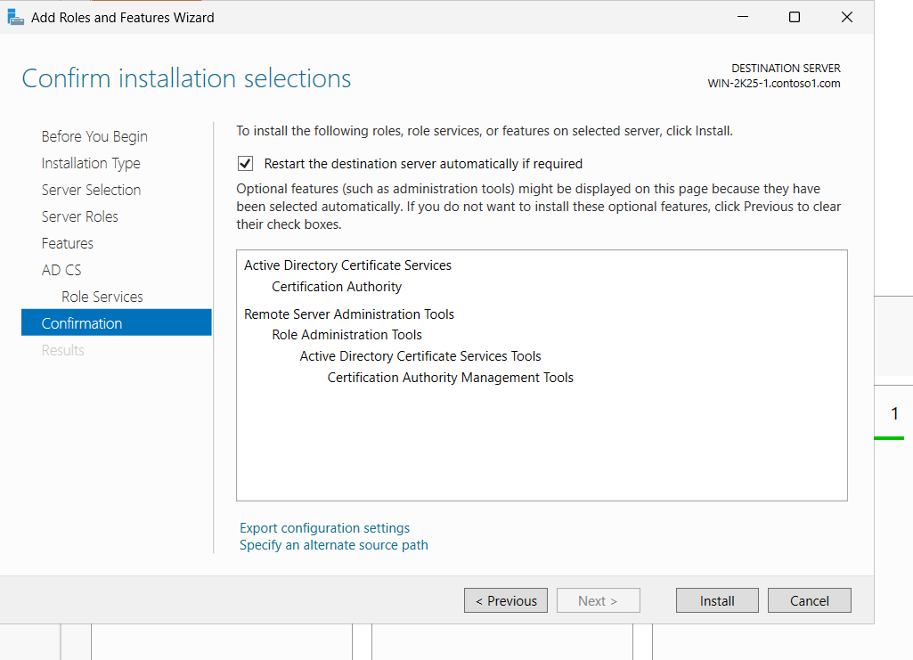 Select Restart the destination server automatically if required alt text