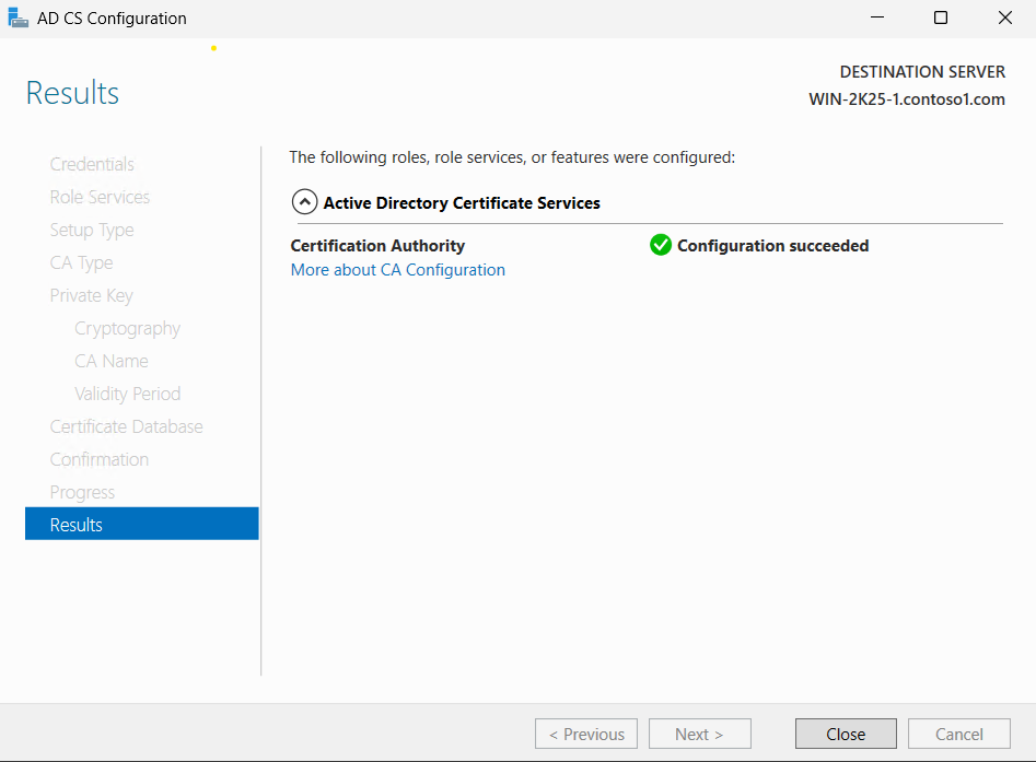 The Configuration succeeded message on the Results page alt text