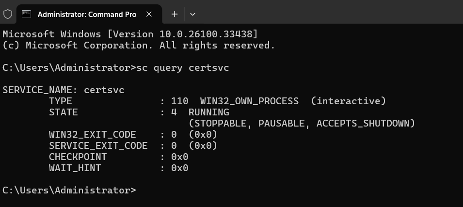 Verify that the AD CS service is running alt text