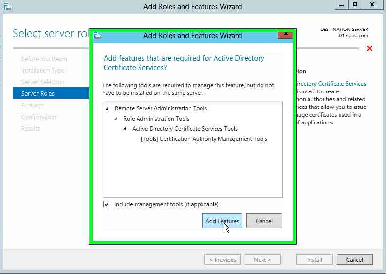 Add the features that are required for Active Directory Certificate Services alt text