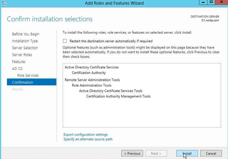 Verify the role to install on the Confirmation page alt text