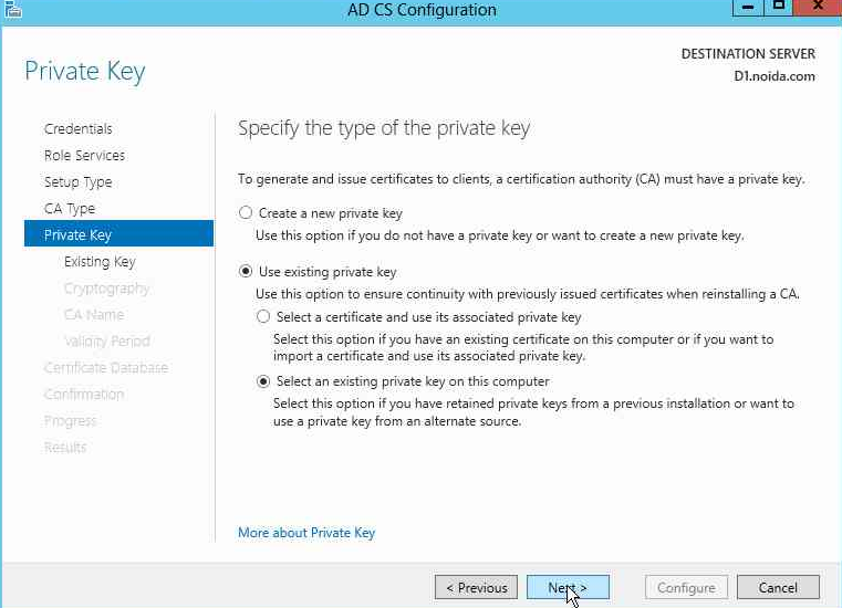 Select Use existing private key alt text