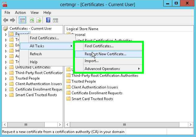 Click Request New Certificate on the All Tasks menu alt text
