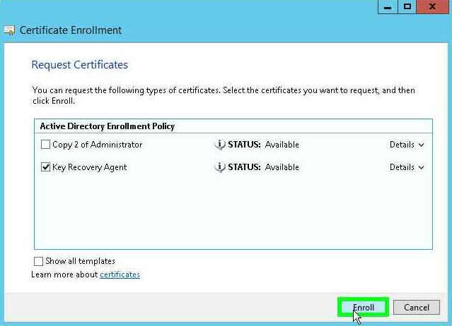 Select the Key Recovery Agent template and click Enroll alt text