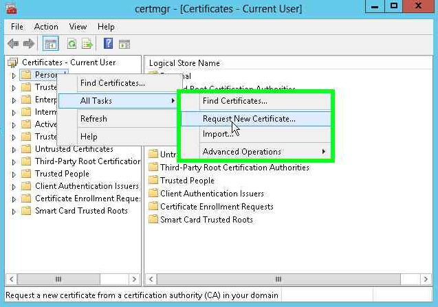 Click Request New Certificate on the All Tasks menu alt text