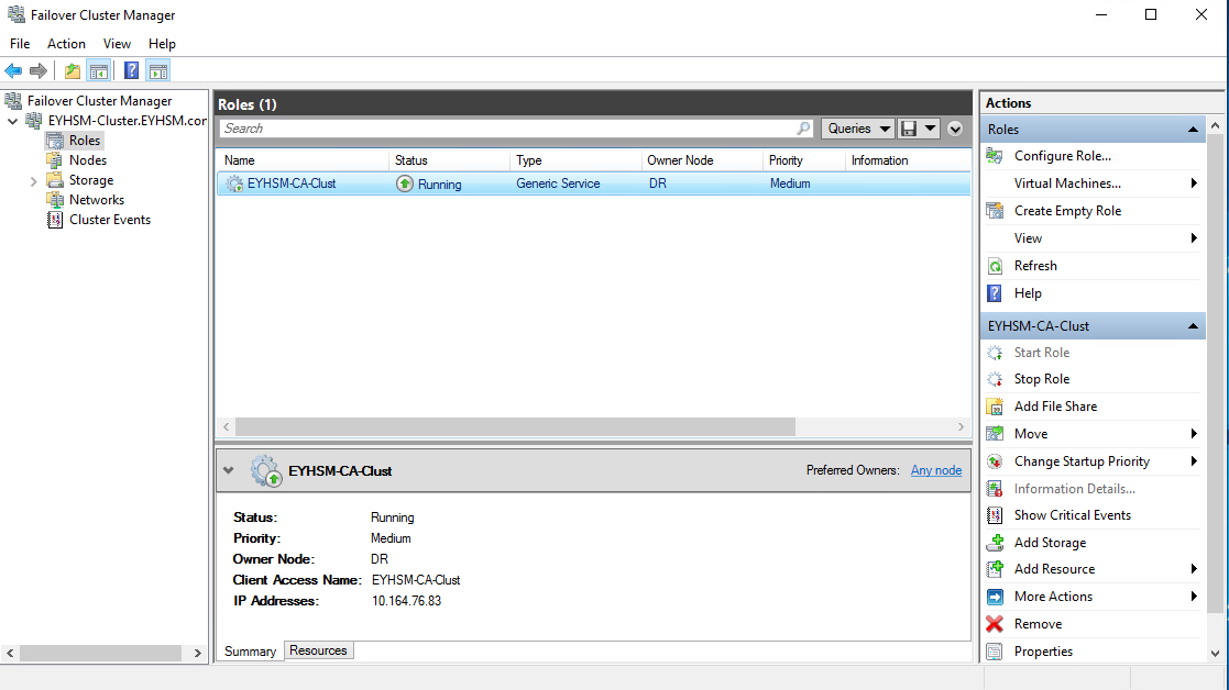 Move the AD CS cluster role to the current node alt text