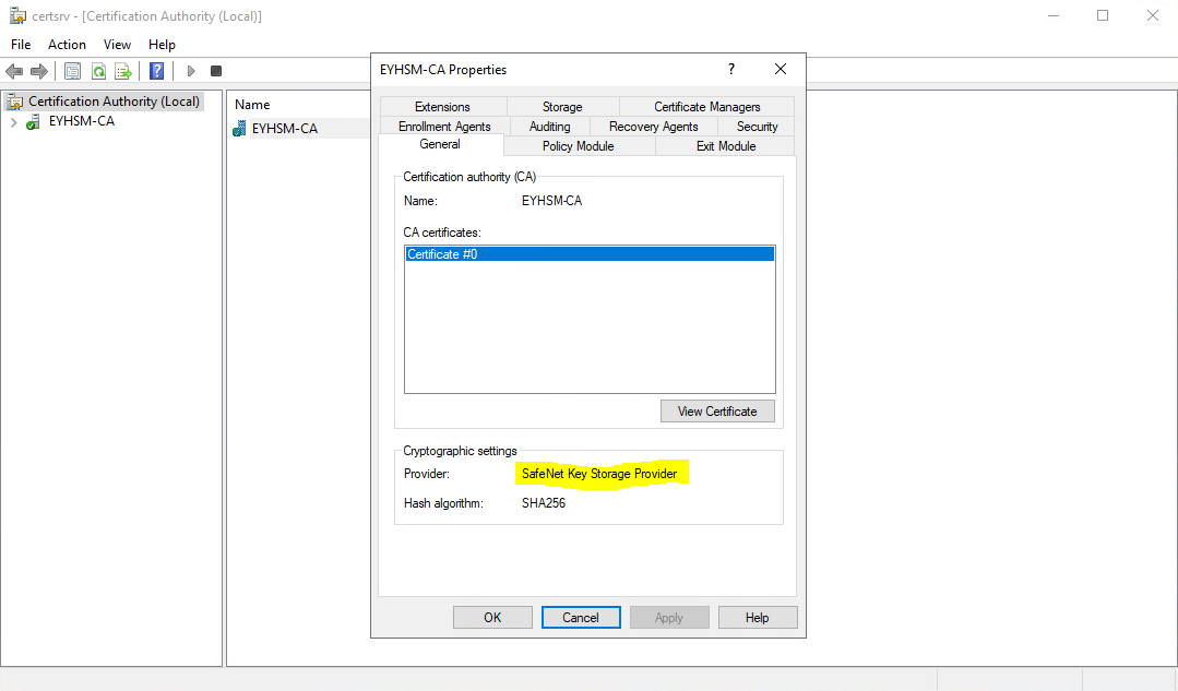 Verify the provider in the Certification Authority console alt text