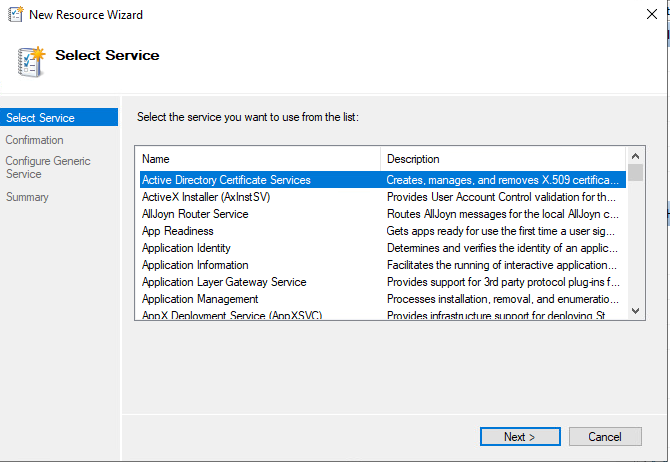 Select Active Directory Certificate Services in the New Resource Wizard alt text