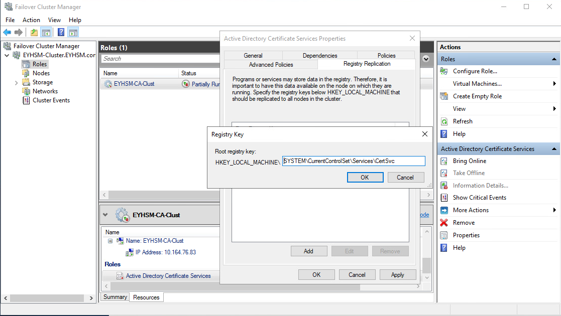 Add the CertSvc registry key on the Registry Replication tab alt text