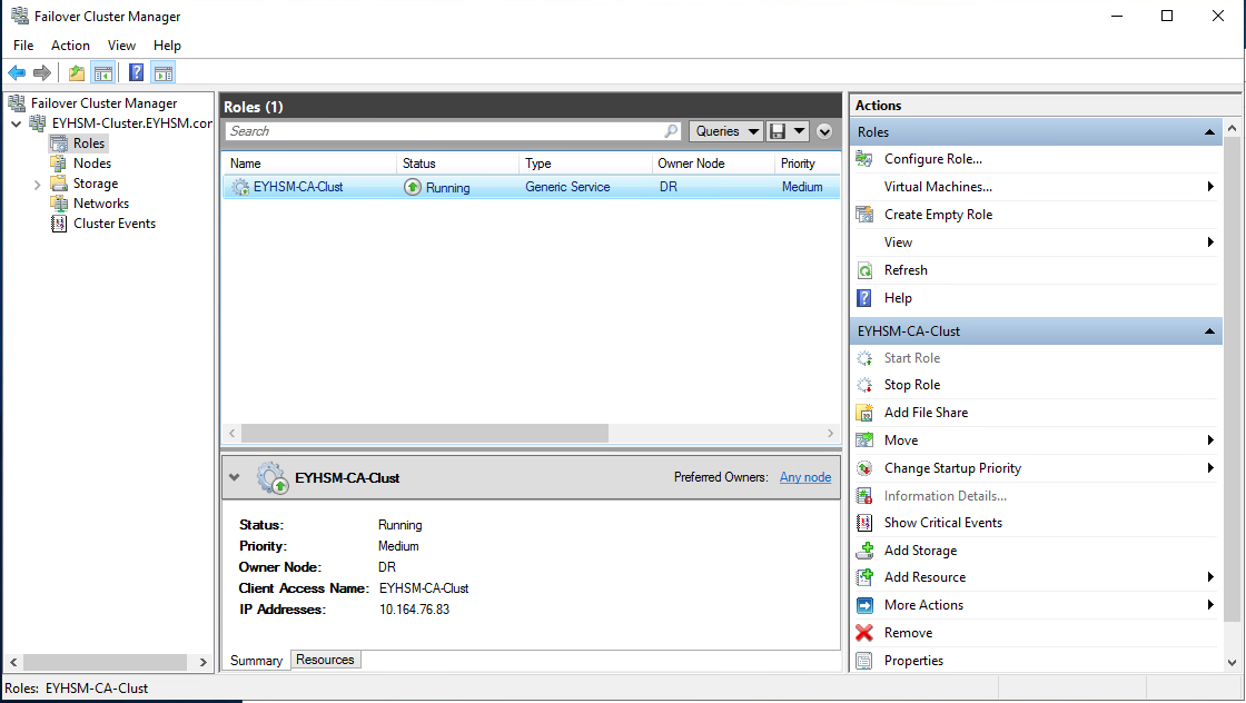 Move the AD CS cluster role and verify that it runs alt text