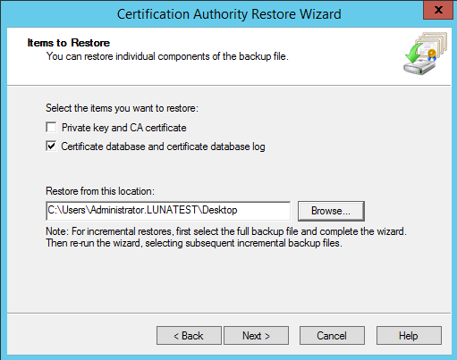 Select the Certificate database and certificate database log check box alt text