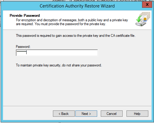 Type the password for the CA backup alt text