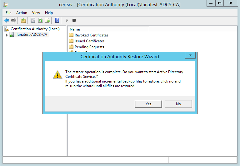 Click Yes to start Active Directory Certificate Services alt text