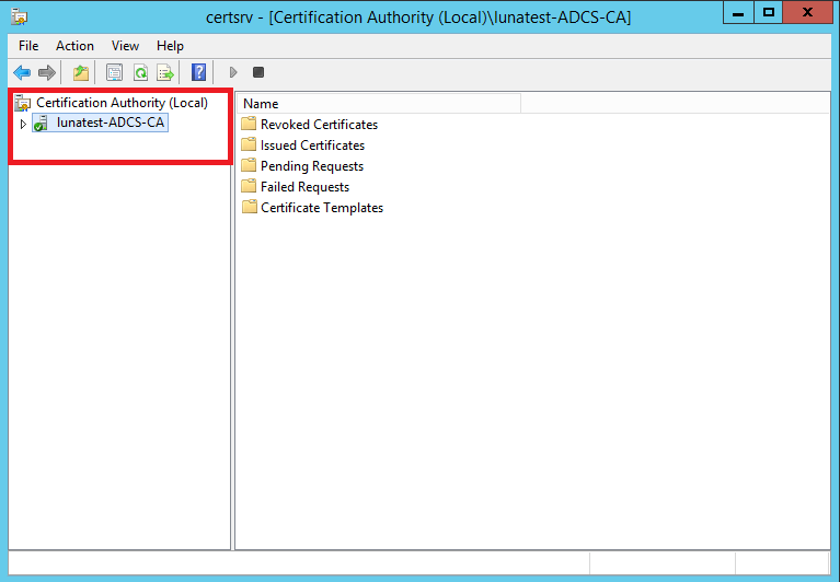 Verify that Active Directory Certificate Services is running alt text