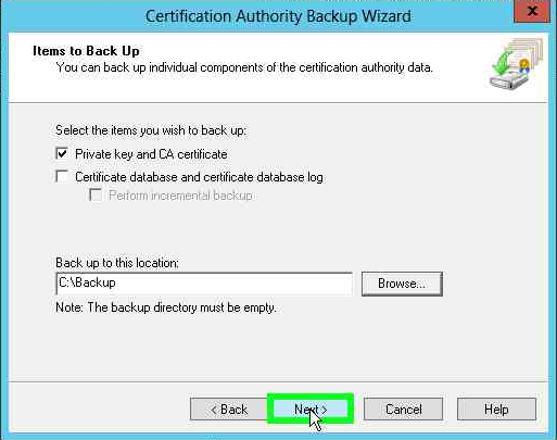 Select the Private key and CA certificate check box alt text