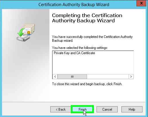 Click Finish in the Certification Authority Backup Wizard alt text