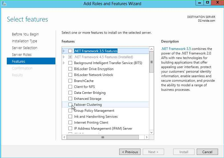 Select the Failover Clustering check box alt text
