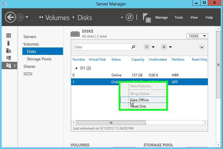Take the shared disk offline in Server Manager alt text