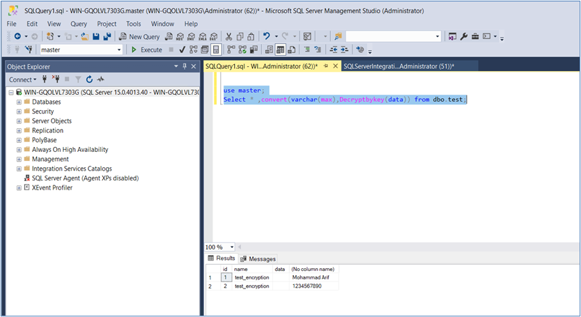 Verify Column Encryption Using Symmetric Key alt text