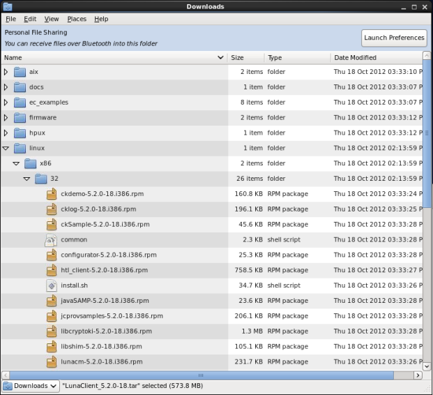 File listing showing the Linux branch expanded File listing of the CD or .tar contents, showing linux > x86 > 32 install files