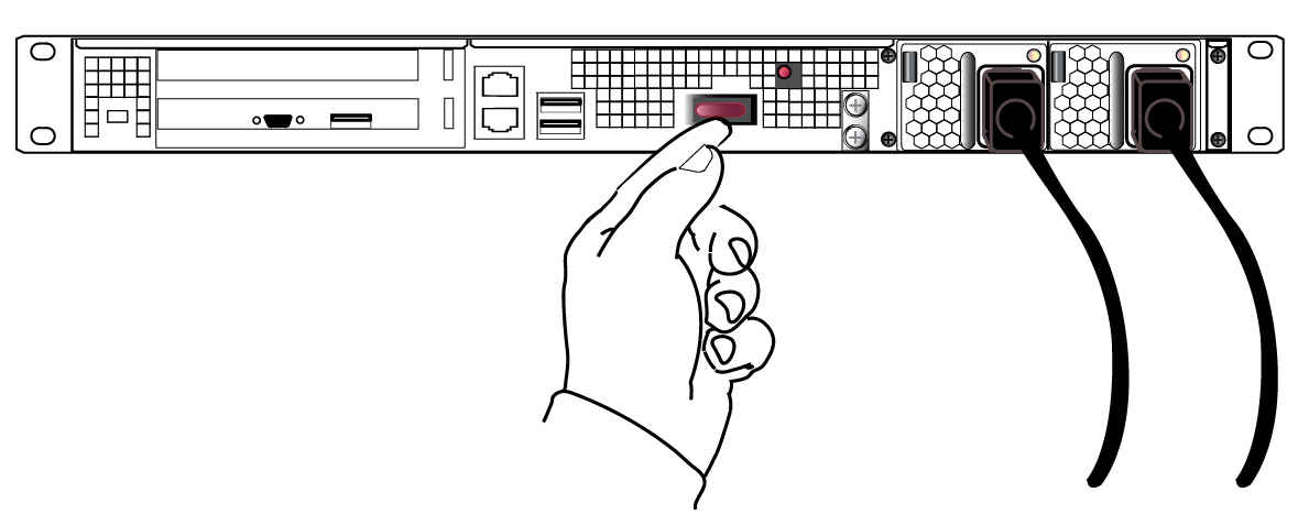 Picture showing power cords inserted at both power supplies and hand pushing start/stop button.