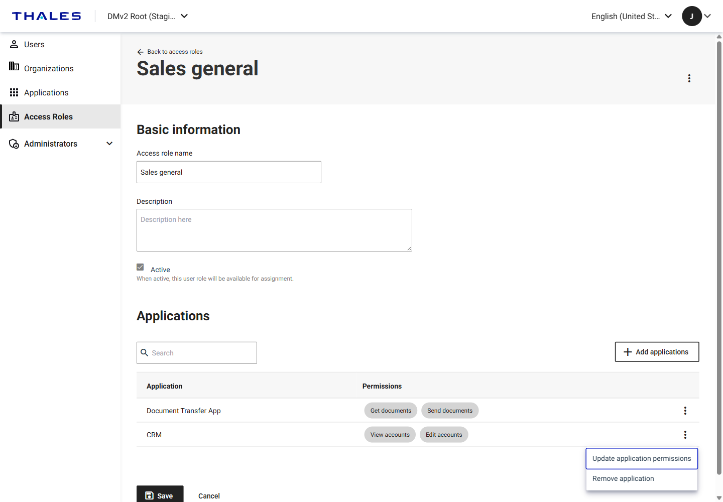 Application actions in an access role