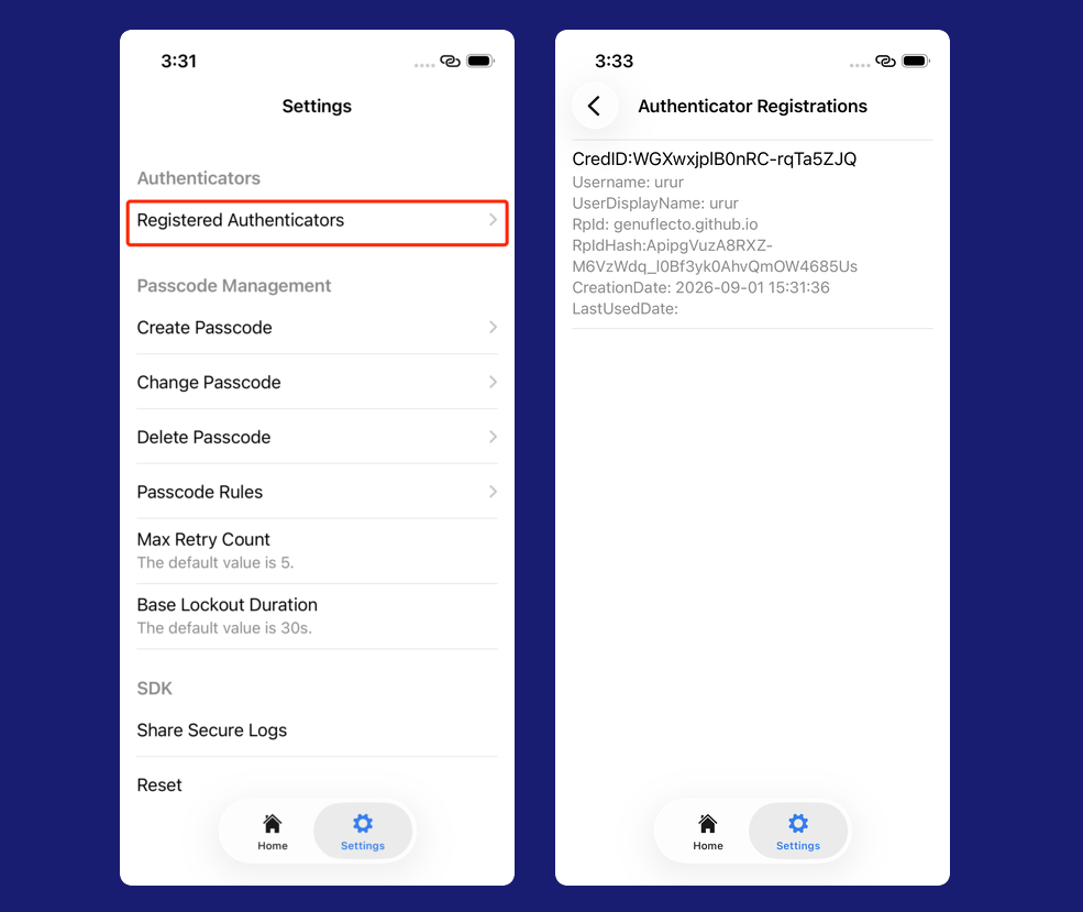 Displaying a list of existing authenticator registrations