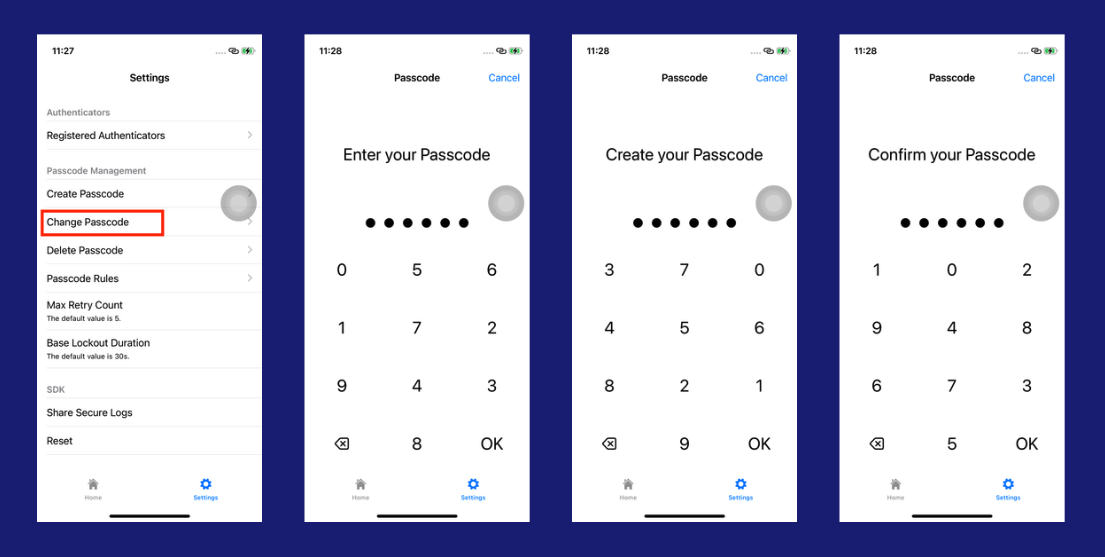Changing an existing passcode Changing an existing passcode